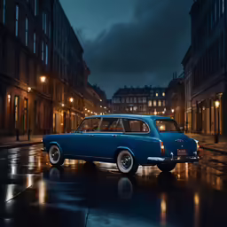 a vintage station wagon sits in an empty street