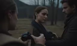 woman with camera near man holding another man