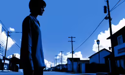 a man is standing on a street at dusk