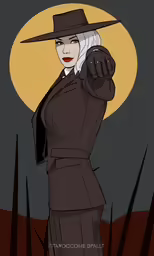 a cartoon girl in a hat and trencher with her arms crossed