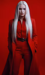 a white wig stands alone against a red background