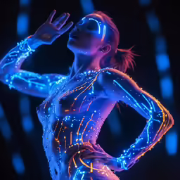 a woman in blue glow body paint, posing for a photo