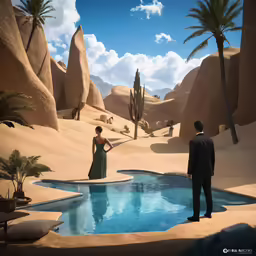 a man and woman are standing by a pool in the desert