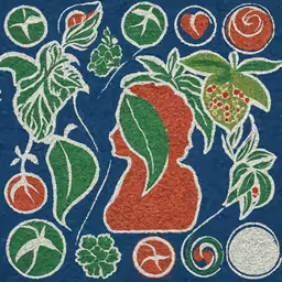 a painting of fruit and plants on blue background