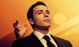 a man in a suit and tie holding his hand up