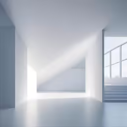 the interior of an empty white room and sunlight pouring in from the windows