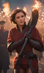 a woman dressed in a brown outfit holding a sword