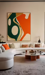 a modern looking living room has an abstract painting