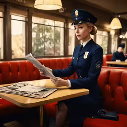 a woman in a uniform sitting at a table,a woman in uniform is sitting at a table