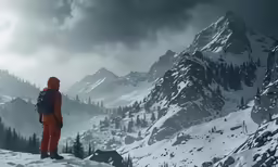 the image shows a man looking at the mountain range
