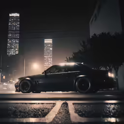 a car parked at the curb in the street with skyscrapers in the background