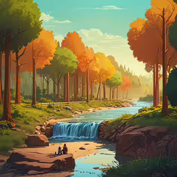 a man and woman sitting on the rocks near a river,there is a scenic fall painting with a person sitting on a rock