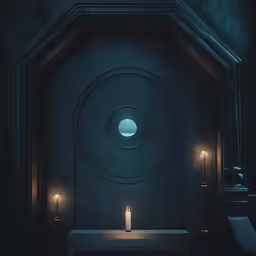 a dimly lit room with a circular window and lit candle