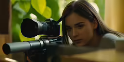 a girl leaning over a wooden railing next to a camera