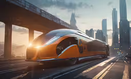 an orange and silver train traveling through the city,a train on the track in front of a city
