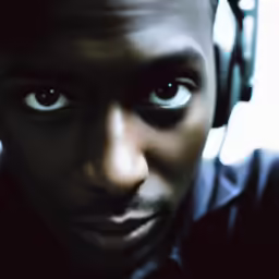 a man in black shirt wearing headphones and looking off into the distance