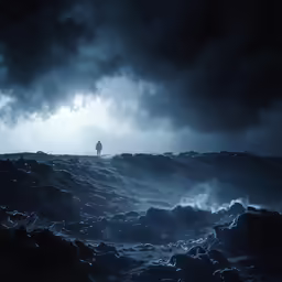 a man stands on top of an ocean in front of a gloomy sky