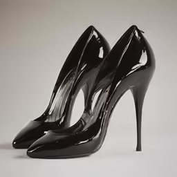 black high heels in front of grey background
