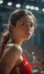 a girl in a red sports top looks at the camera