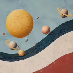 a painting with some planets, and an egg in the sky