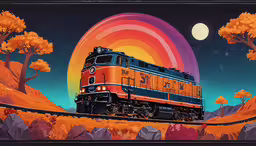 the train is traveling down the track under a rainbow,a painting shows an orange train passing over a hill with trees and the moon overhead