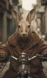 a strange bunny riding on a motorcycle wearing an animal mask