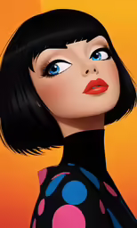 a woman with bright blue eyes and black hair