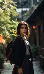 young woman with backpack on the street looking to camera