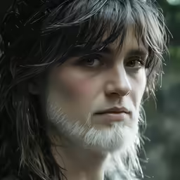 a bearded man with white hair and beard stares ahead