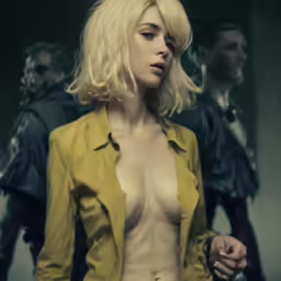 a naked blonde woman is standing behind men