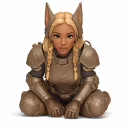 a girl wearing armor sitting on the ground