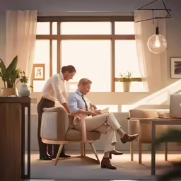two men on chairs in a bright room