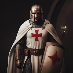 a man dressed in a knights uniform and helmet holding a shield