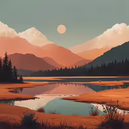 an animated painting of a landscape with mountains and a lake,an illustration of the landscape with a lake and mountains