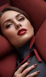 a woman with red lips is laying down