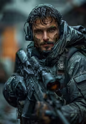 a man in an army uniform holding a gun,man with army clothing, holding a gun in the rain