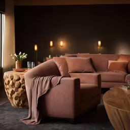 a sofa and table in a brown room with wooden flooring