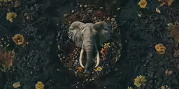 an elephant sitting on the ground surrounded by flowers