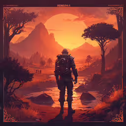 a stylized image of an outer future man and trees,a stylized illustration of a man standing in front of a sunset