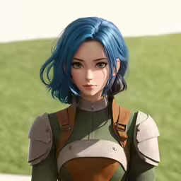 a blue haired woman with blue hair and armor