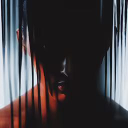 the man in the shadow is standing behind the curtain