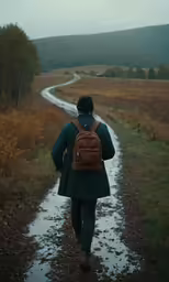 person with backpack walking away from the camera