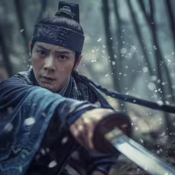 man in asian costume holding his sword and pointing it with two knives,a young man holding an old fashioned sword with the blade