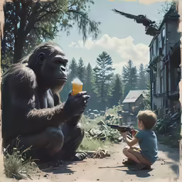 a little kid is feeding a big monkey