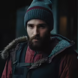 the man is wearing a beanie and backpack