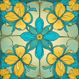 a blue, yellow and green background with lots of flowers,an abstract flower tile design in aqua and yellow