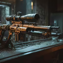 a large gun on top of a table near some windows