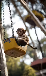 a small child playing in a swing at the park