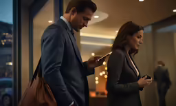 a couple of business people standing in an elevator