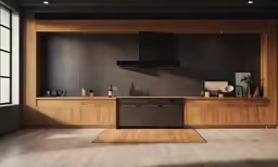 a kitchen area with a stove, sink and wood countertop